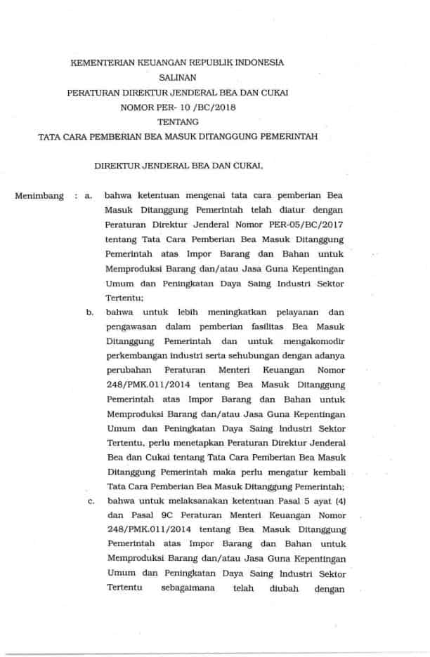 PER-10/BC/2018Tata Cara Pemberian Bea Masuk Ditanggung Pemerintah