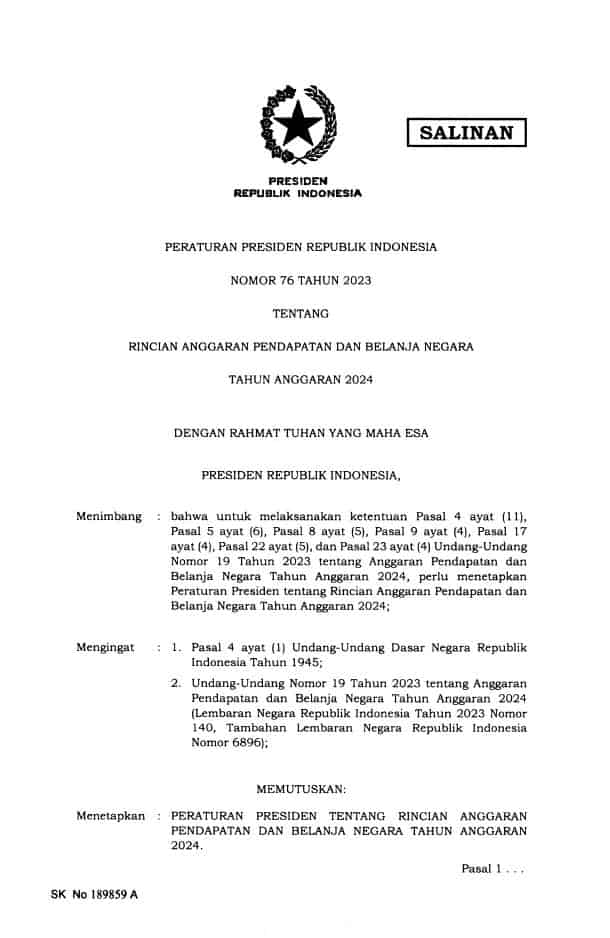 PERPRES 76 TAHUN 2023Rincian Anggaran Pendapatan Dan Belanja Negara Tahun Anggaran 2024