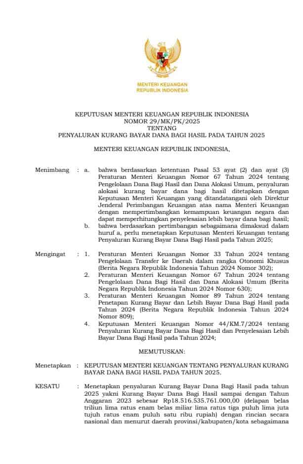 KMK 29/MK/PK/2025Penyaluran Kurang Bayar Dana Bagi Hasil pada Tahun 2025