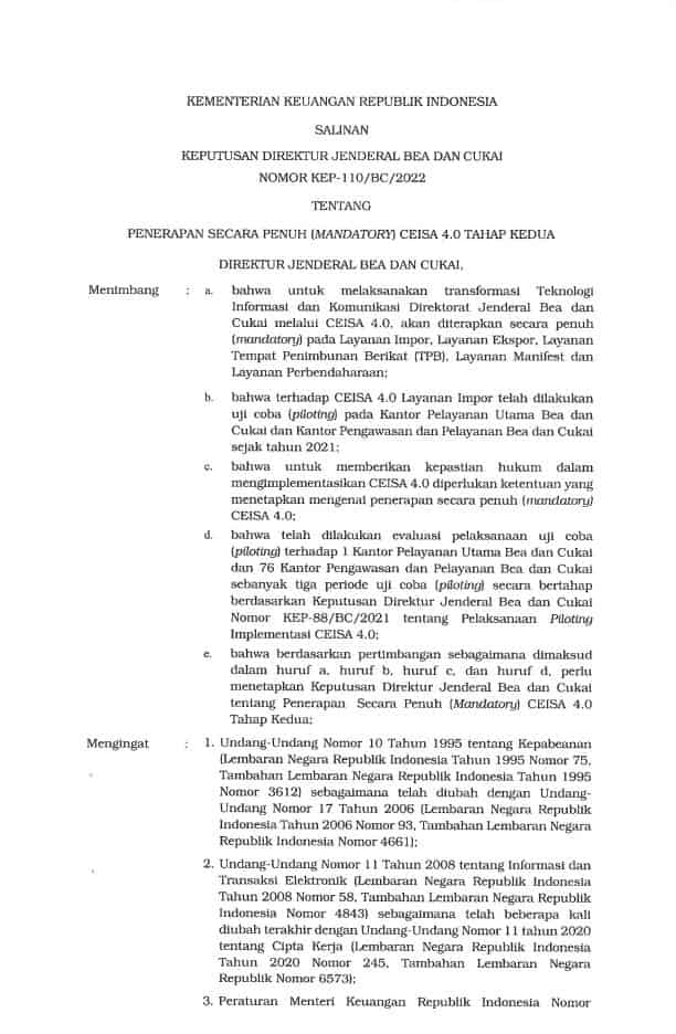 KEP-110/BC/2022PENERAPAN SECARA PENUH (MANDATORY) CEISA 4.0 TAHAP KEDUA