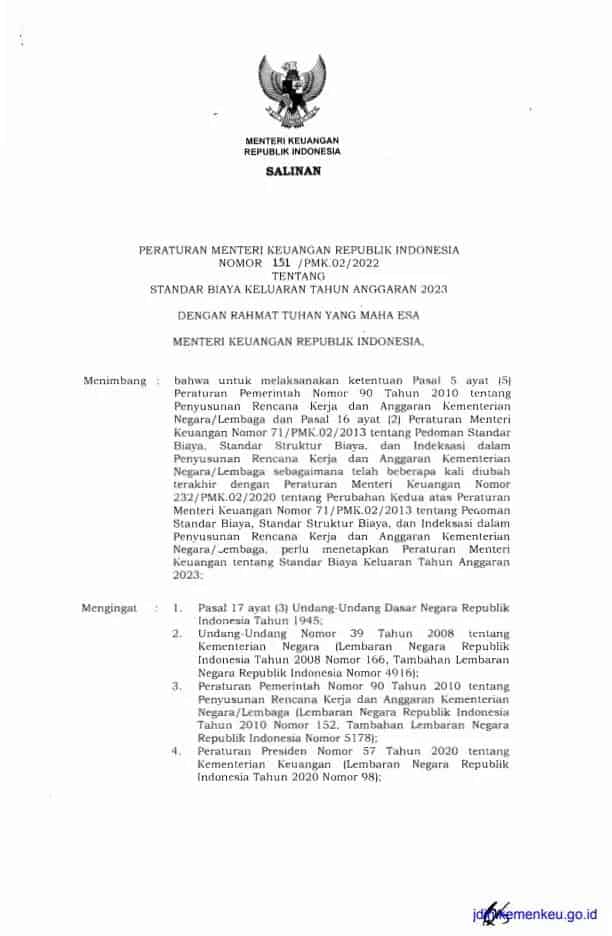 151/PMK.02/2022Standar Biaya Keluaran Tahun Anggaran 2023