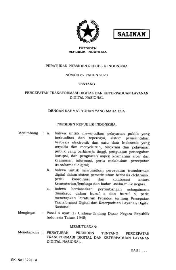 PERPRES 82 TAHUN 2023Percepatan Transformasi Digital dan Keterpaduan Layanan Digital Nasional
