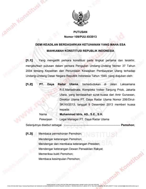 109/PUU-XI/2013Pengujian UU Nomor 37 Tahun 2004 tentang Kepailitan dan Penundaan Kewajiban Pembayaran Utang terhadap UUD Negara RI Tahun 1945