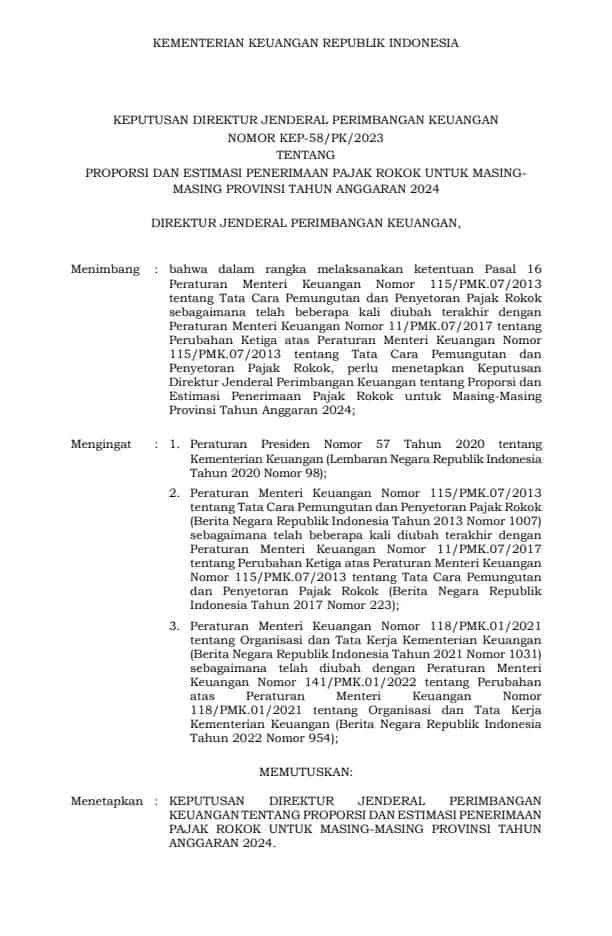 KEP-58/PK/2023Proporsi dan Estimasi Penerimaan Pajak Rokok untuk Masing-Masing Provinsi Tahun Anggaran 2024