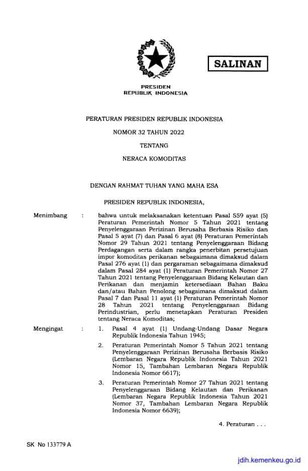 PERPRES 32 TAHUN 2022Neraca Komoditas