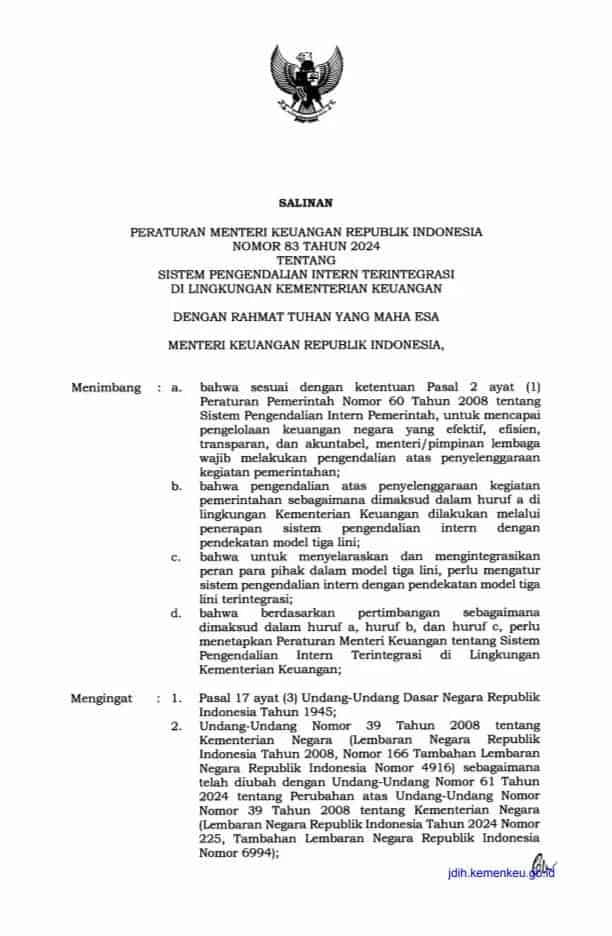 PMK 83 TAHUN 2024Sistem Pengendalian Intern Terintegrasi di Lingkungan Kementerian Keuangan