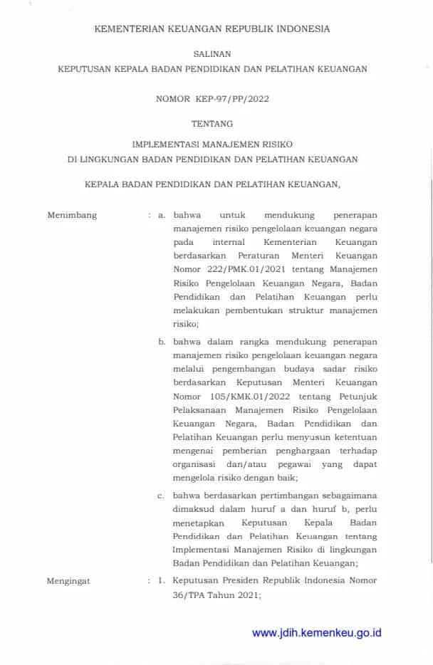 KEP-97/PP/2022Implementasi Manajemen Risiko di Lingkungan Badan Pendidikan dan Pelatihan Keuangan