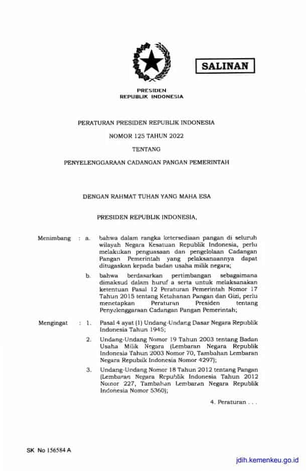PERPRES 125 TAHUN 2022Penyelenggaraan Cadangan Pangan Pemerintah