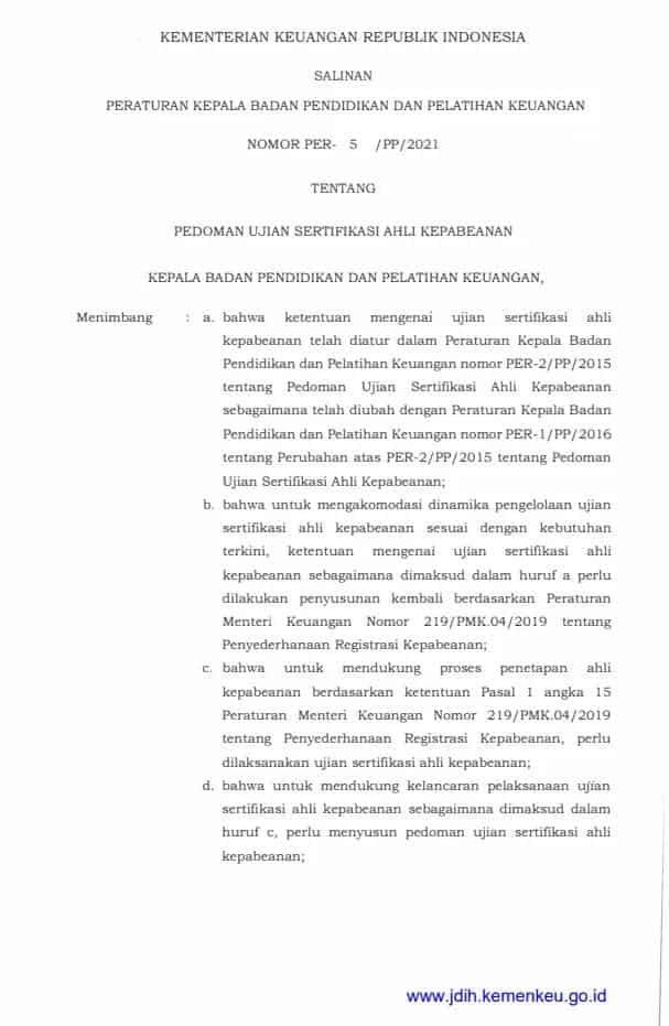 PER-5/PP/2021Pedoman Ujian Sertifikasi Ahli Kepabeanan