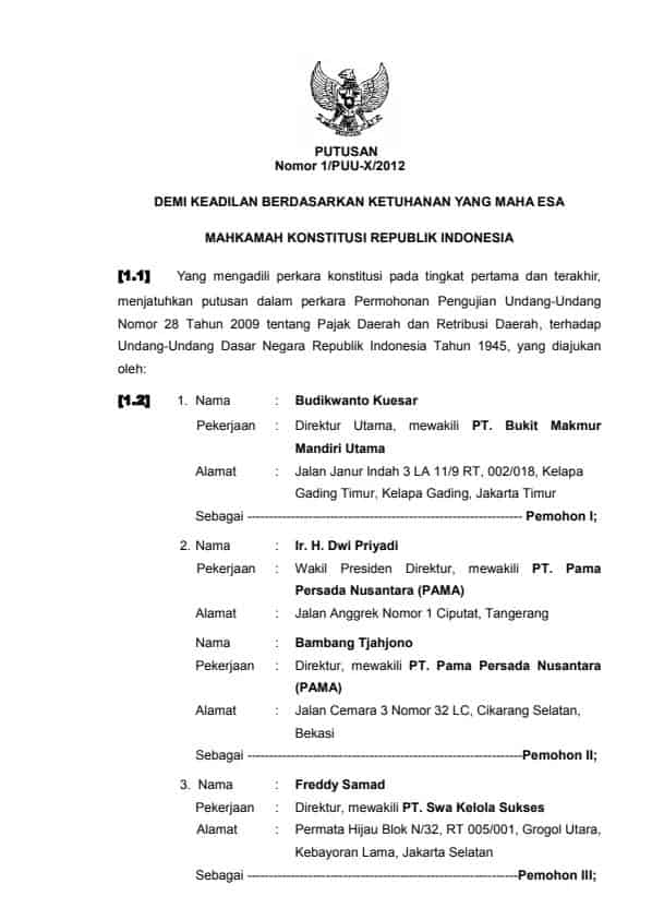 1/PUU-X/2012PUU Nomor 28/2009 tentang Pajak Daerah Dan Retribusi Daerah