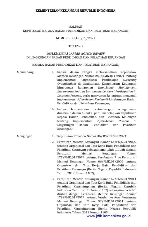 KEP-151/PP/2021Implementasi After-Action Review di Lingkungan Badan Pendidikan dan Pelatihan Keuangan