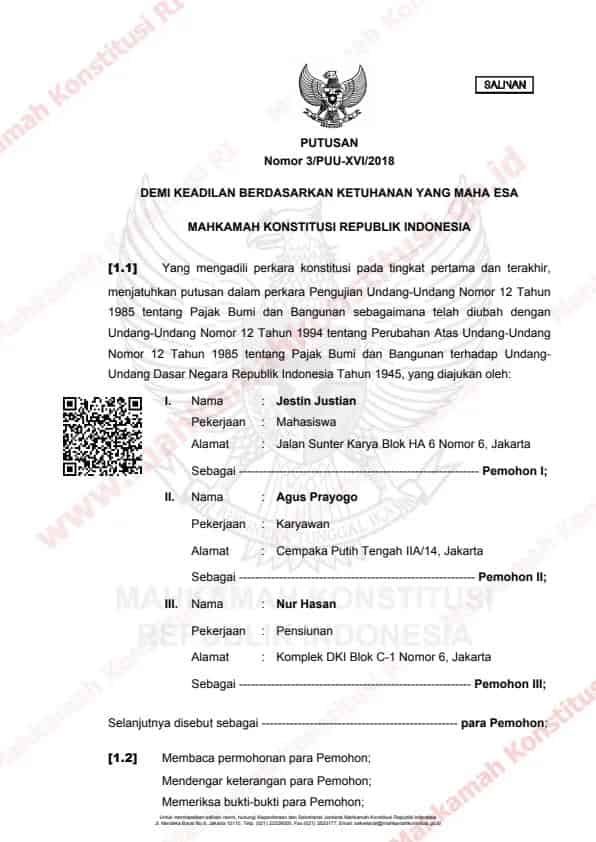 3/PUU-XVI/2018Pengujian UU Nomor 12 Tahun 1985 tentang PBB sebagaimana telah diubah dengan UU Nomor 12 Tahun 1994 tentang Perubahan atas UU Nomor 12 Tahun 1985 tentang PBB terhadap UUD Negara RI Tahun 1945