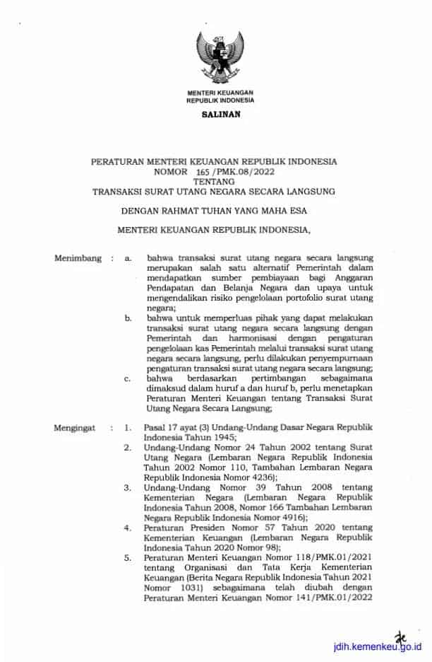 165/PMK.08/2022Transaksi Surat Utang Negara Secara Langsung