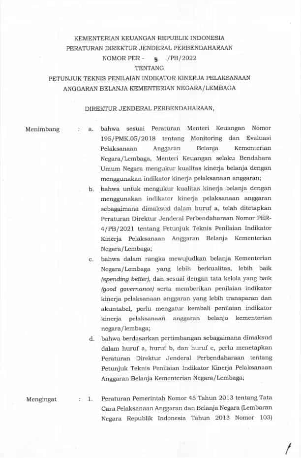 PER-5/PB/2022Petunjuk Teknis Penilaian Indikator Kinerja Pelaksanaan Anggaran Belanja Kementerian Negara/Lembaga