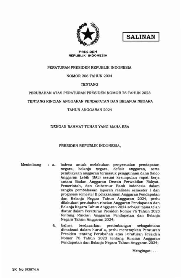 PERPRES 206 TAHUN 2024Perubahan atas Peraturan Presiden Nomor 76 Tahun 2023 tentang Rincian Anggaran Pendapatan dan Belanja Negara Tahun Anggaran 2024
