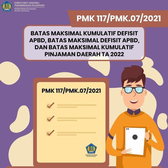 117/PMK.07/2021 Batas Maksimal Kumulatif Defisit Anggaran Pendapatan dan Belanja Daerah, Batas Maksimal Defisit Anggaran Pendapatan dan Belanja
Daerah, dan Batas Maksimal Kumulatif Pinjaman Daerah Tahun Anggaran 2022